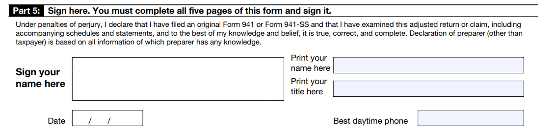 Filling out Form-941 X Part 5