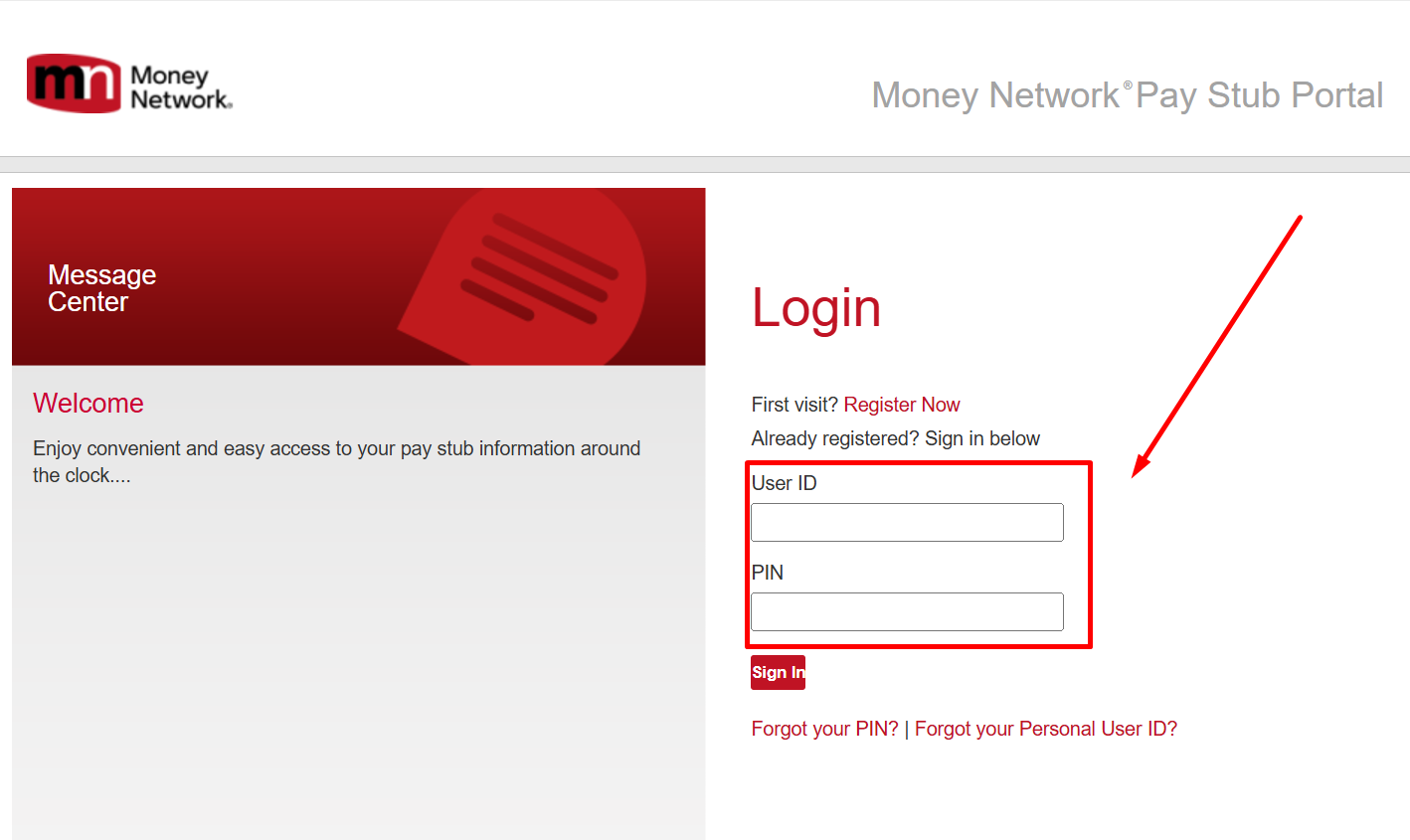 Screenshot from Money Network ® Pay Stub Portal